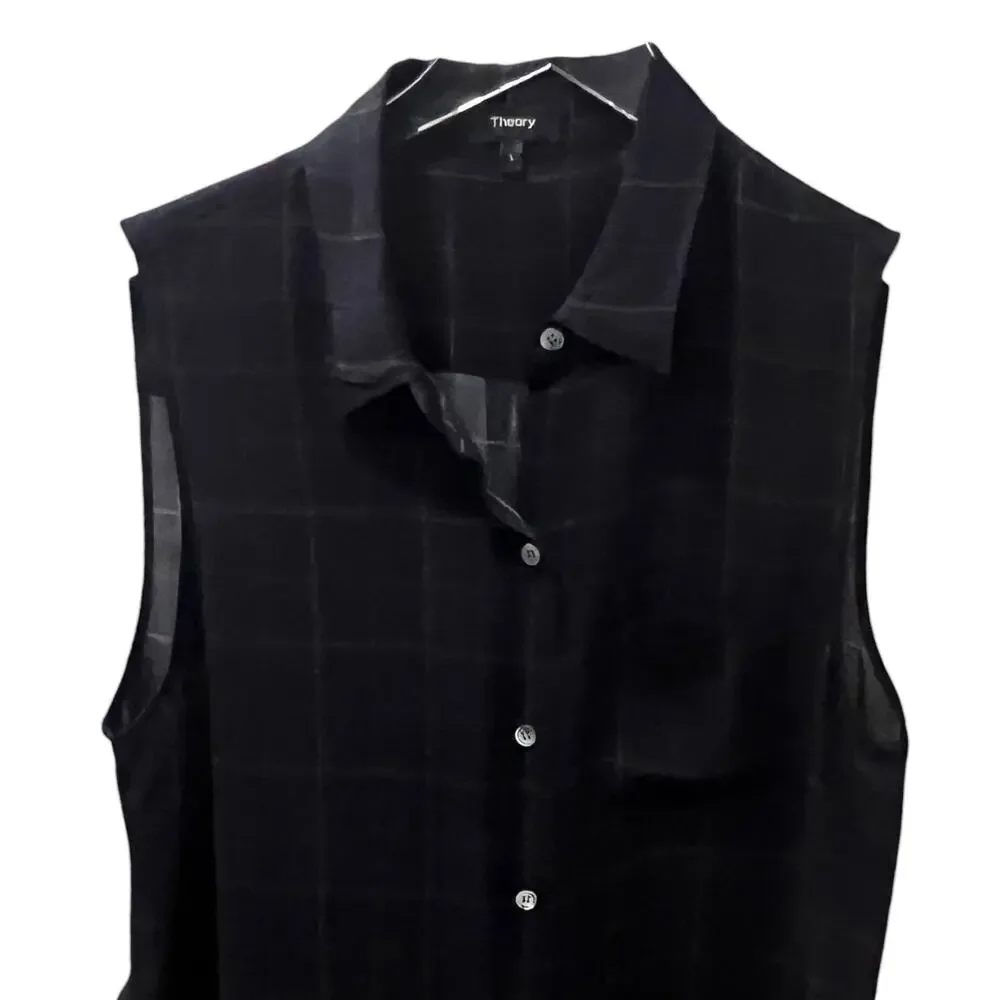Theory Silk Blouse Tile Print Yarine Navy Blue Brown Sleeveless Size‎ L Academia